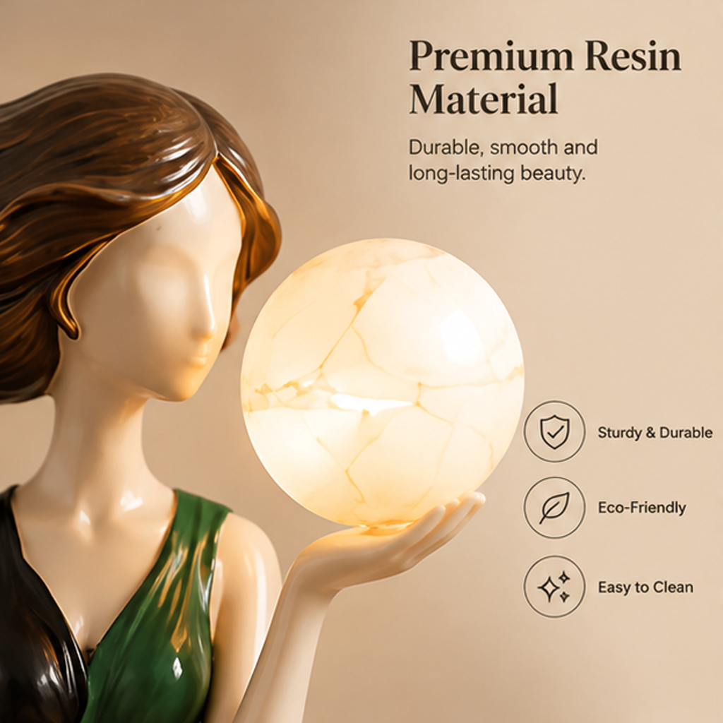 ESSENTIN Wind-Hair Figurine Lamp close-up — Premium Resin Material, durable smooth and long-lasting beauty, eco-friendly, easy to clean