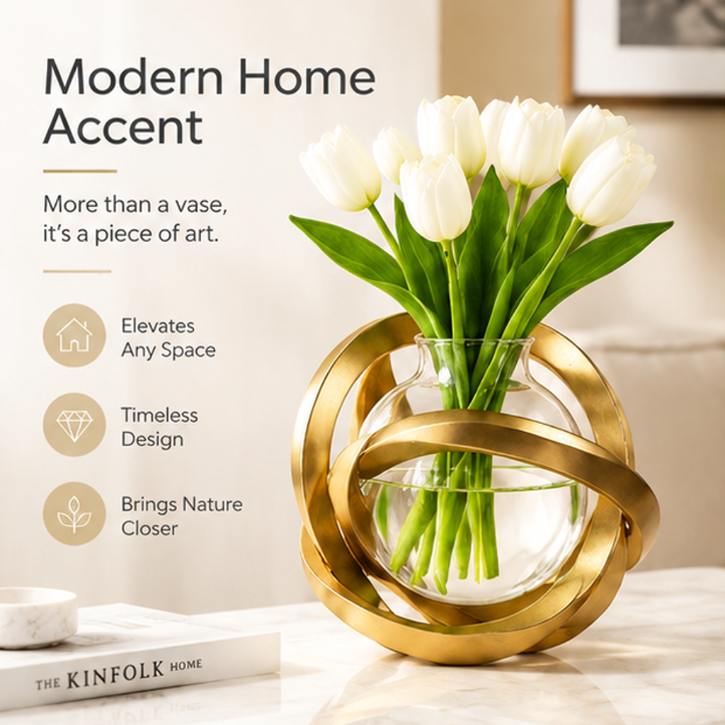 ESSENTIN Orbiting Ring Vase — Thoughtful Details: premium metal finish, clear glass vase, unique modern design, anti-slip base