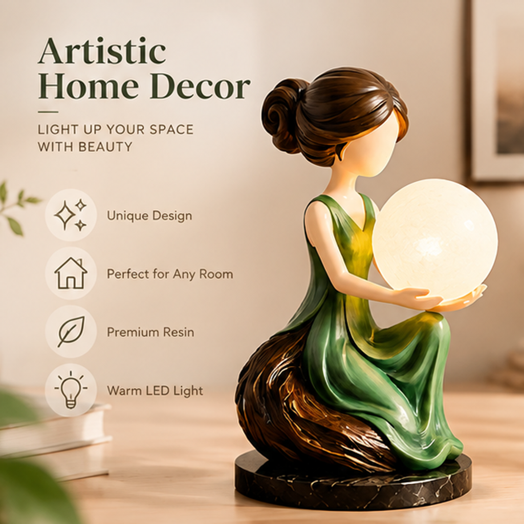 ESSENTIN Lady Figurine Lamp — Artistic Home Decor, unique design, perfect for any room, premium resin, warm LED light