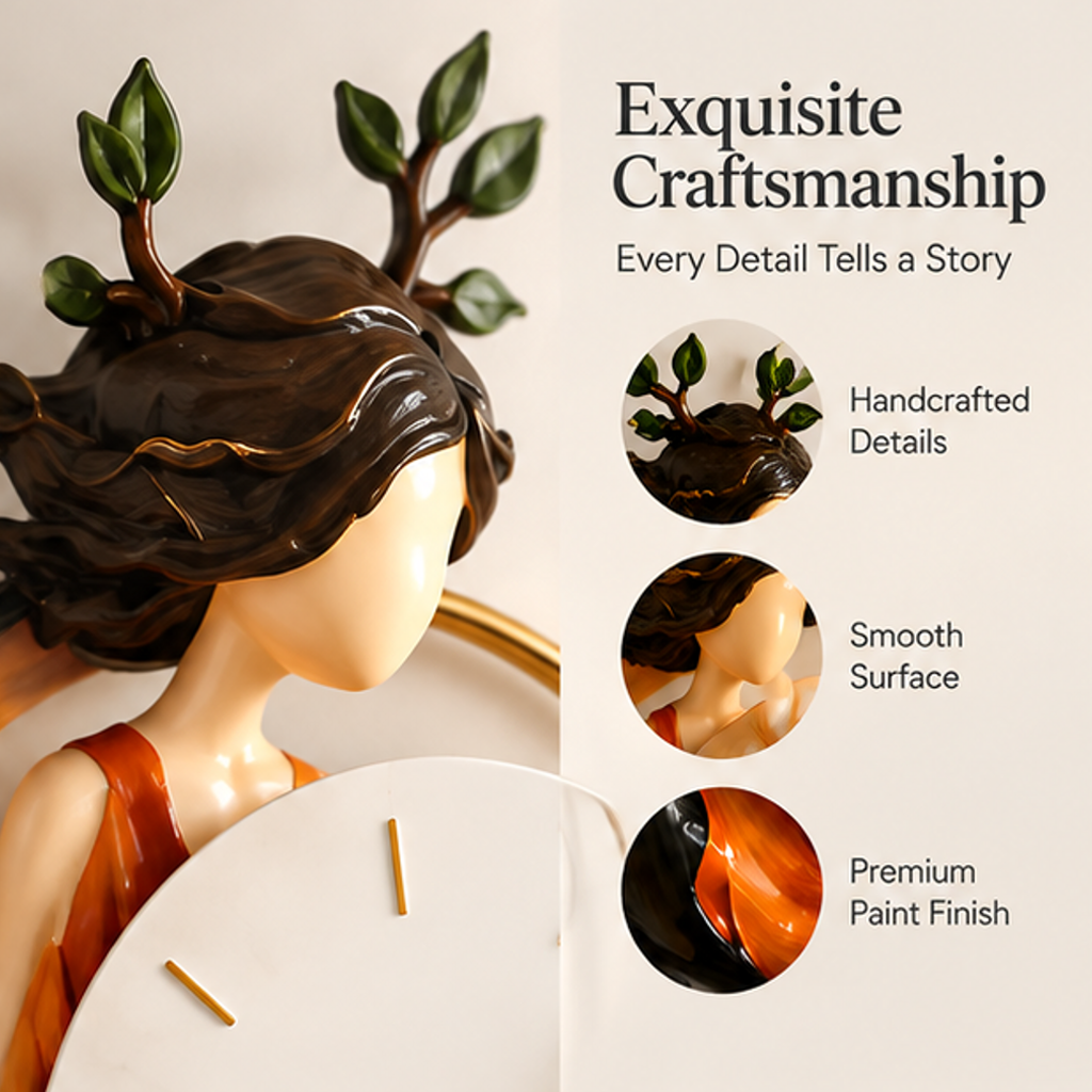 ESSENTIN Figurine Wall Clock close-up — Exquisite Craftsmanship, every detail tells a story: handcrafted details, smooth surface, premium paint finish