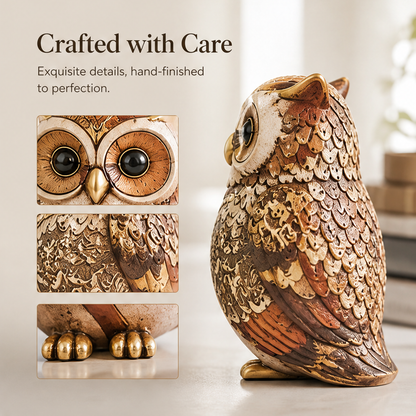 ESSENTIN Owl Figurine — Crafted with Care, exquisite details hand-finished to perfection: eye detail, feather carving, gold talon close-ups