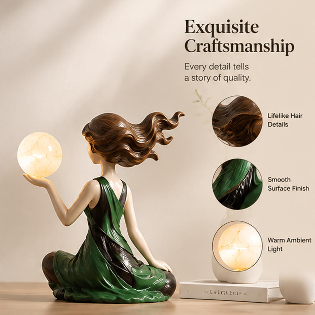 ESSENTIN Wind-Hair Figurine Lamp — Exquisite Craftsmanship, lifelike hair details, smooth surface finish, warm ambient light