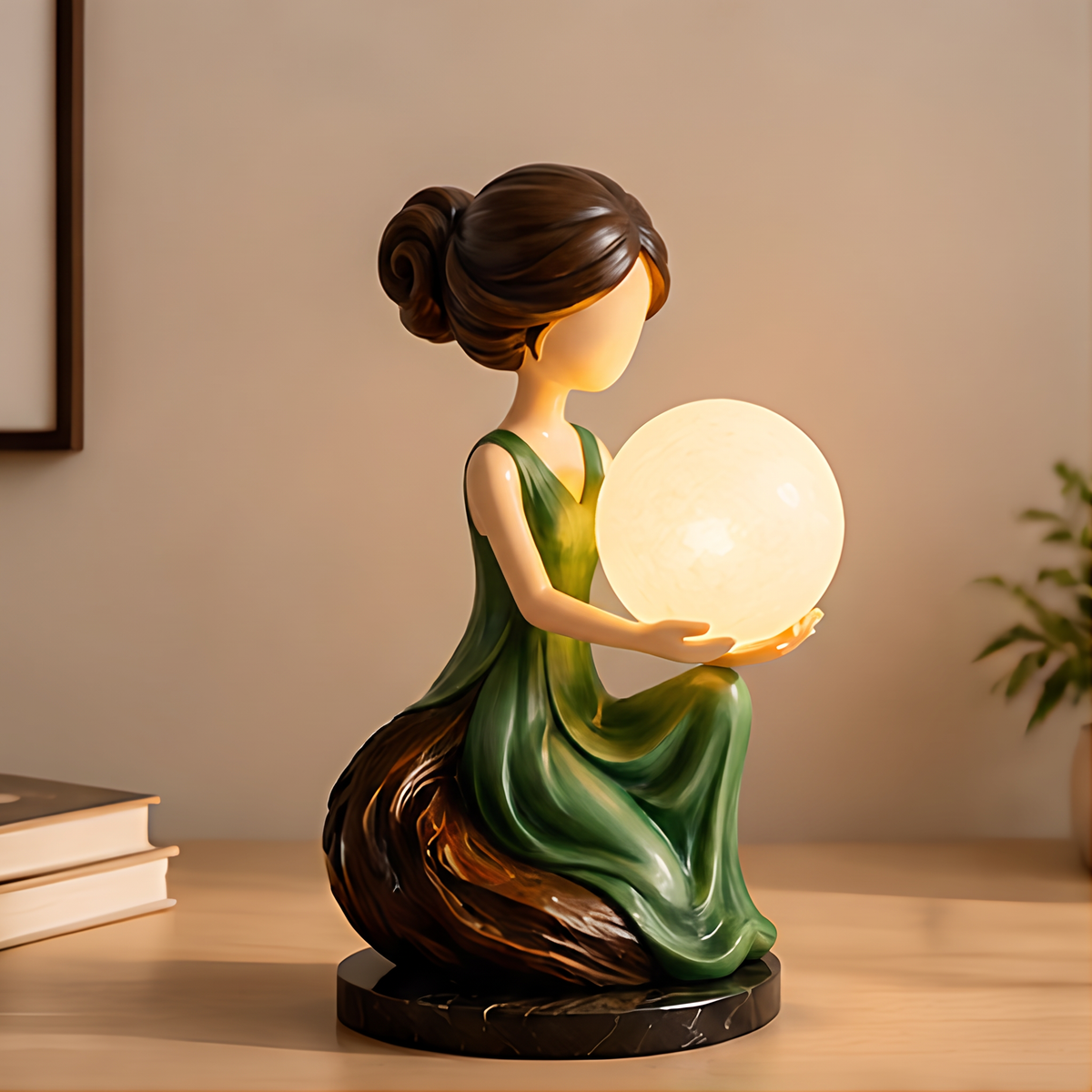 ESSENTIN Serene Lady Figurine LED Table Lamp glowing on a wooden surface — artistic home decor