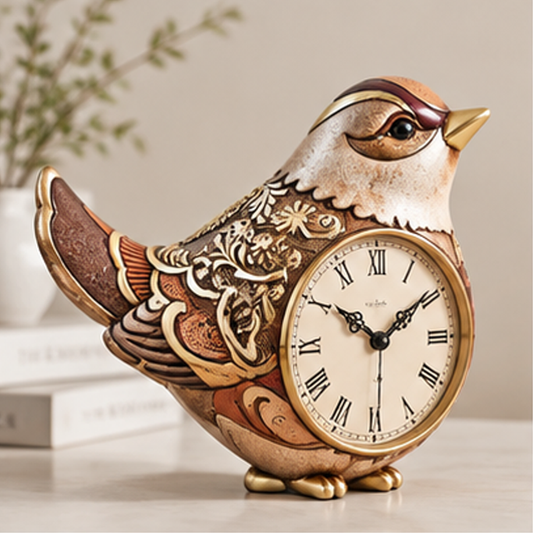 ESSENTIN Vintage Bird Figurine Desk Clock on a wooden surface — artistic home decor