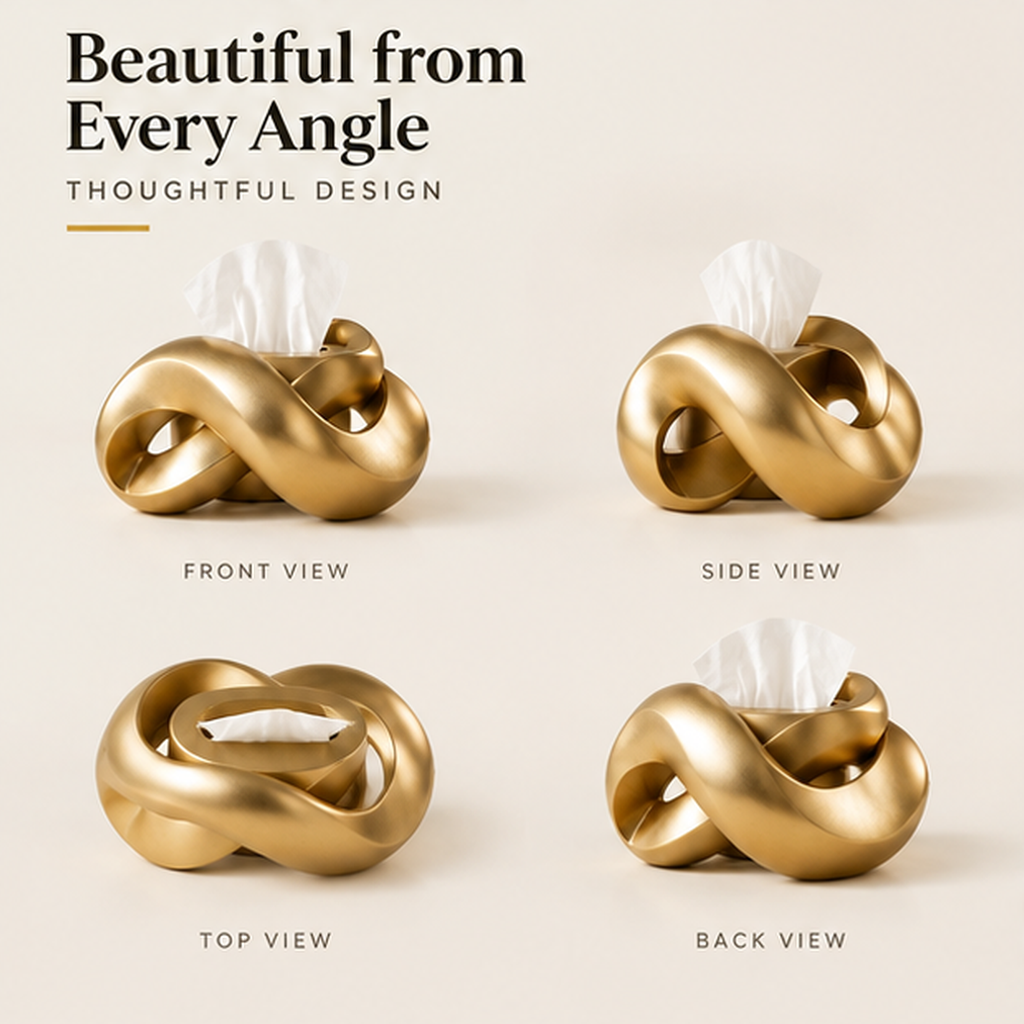ESSENTIN Sculptural Tissue Box Holder shown from front, side, top and back views — Beautiful from Every Angle, Thoughtful Design