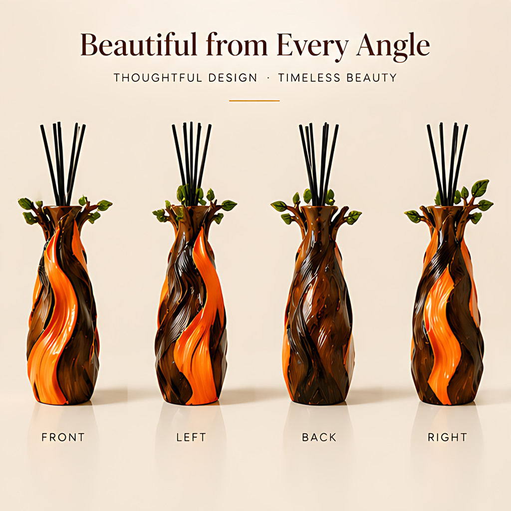 ESSENTIN Ceramic Reed Diffuser Bottle — Beautiful from Every Angle, front left back right views, thoughtful design timeless beauty