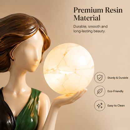 ESSENTIN Wind-Hair Figurine Lamp close-up — Premium Resin Material, durable smooth and long-lasting beauty, eco-friendly, easy to clean