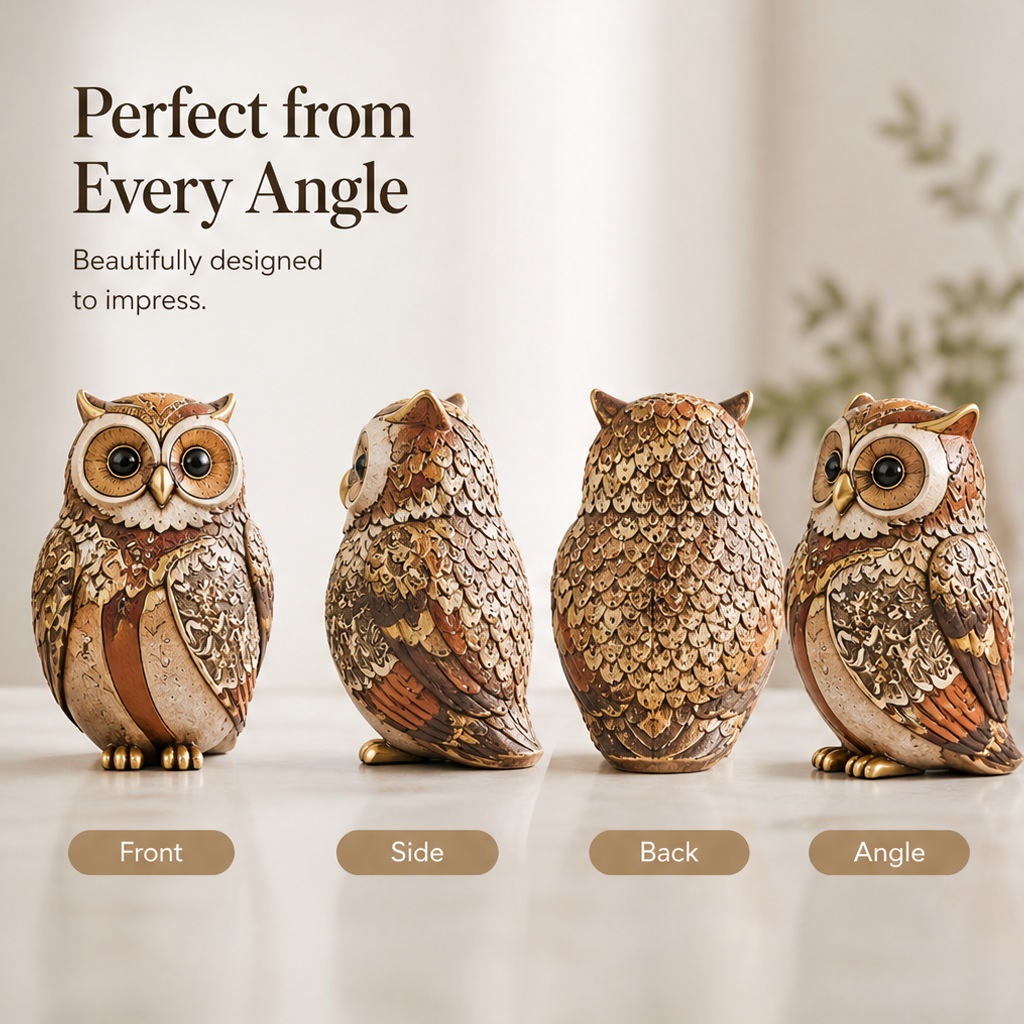 ESSENTIN Owl Figurine — Perfect from Every Angle, beautifully designed to impress: front, side, back, angle views