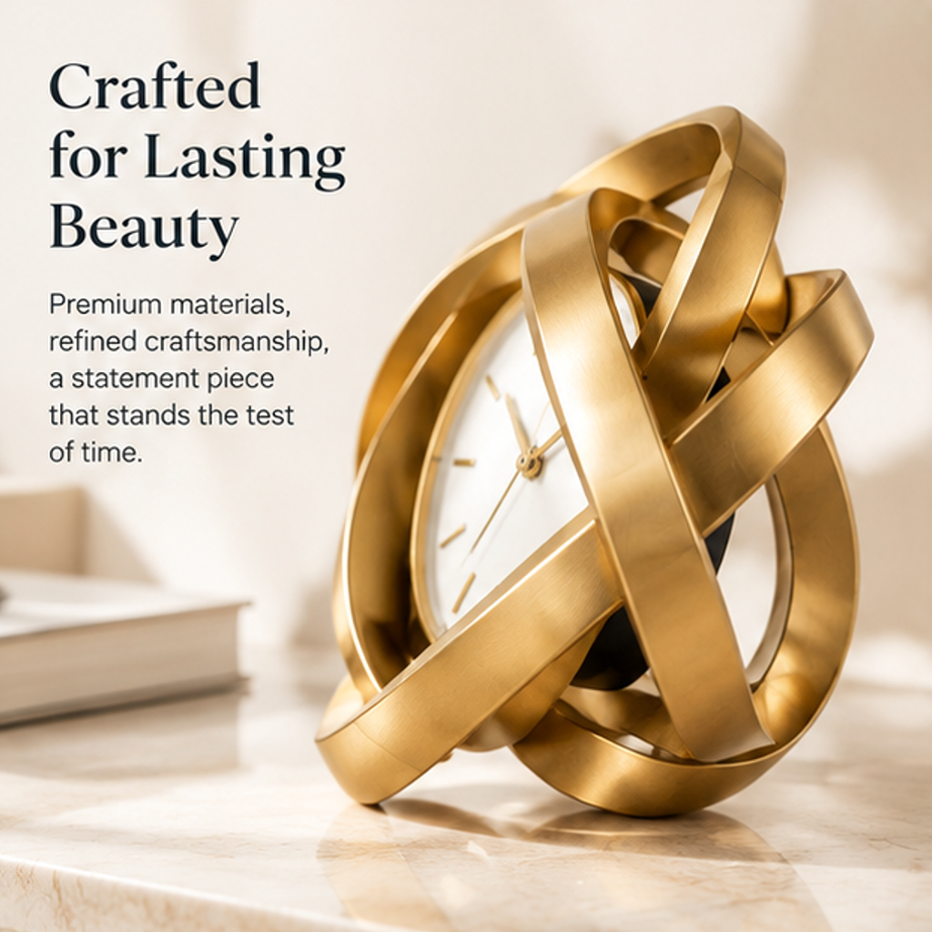 ESSENTIN Sculptural Knot Clock — Premium Quality in Every Detail: durable metal frame, accurate quartz movement, elegant modern design, versatile for any space
