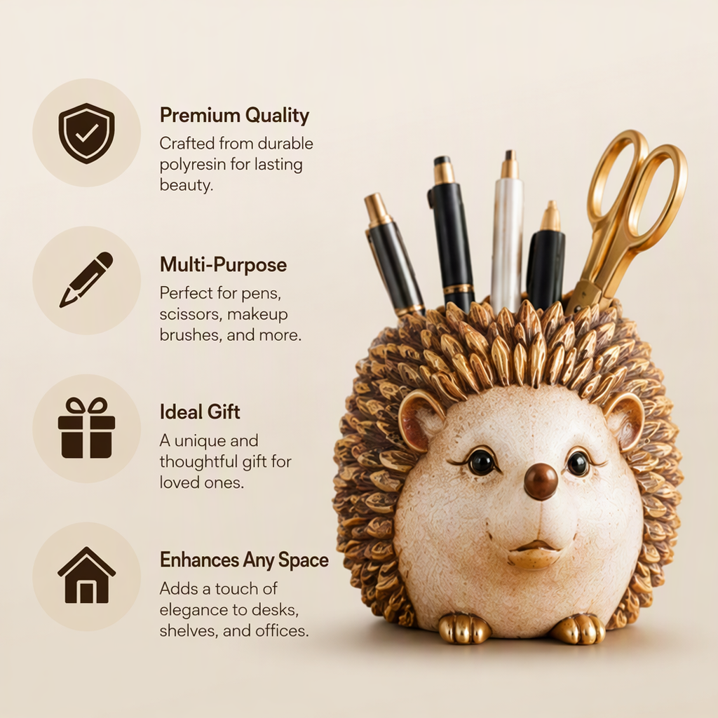 ESSENTIN Hedgehog Pen Holder — Premium Quality durable polyresin, Multi-Purpose for pens scissors brushes, Ideal Gift, Enhances Any Space
