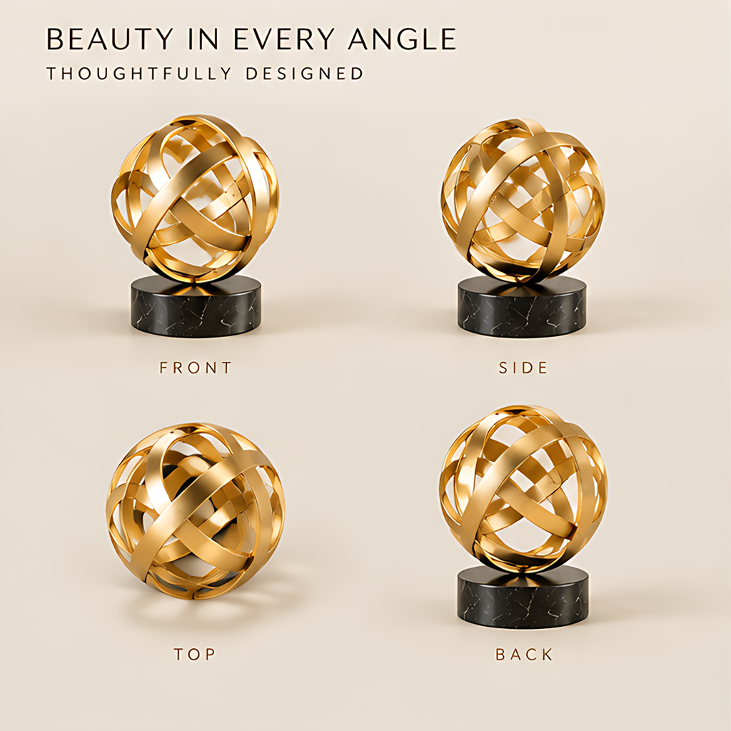 ESSENTIN Sculptural Sphere shown from front, side, top and back — Beauty in Every Angle, Thoughtfully Designed