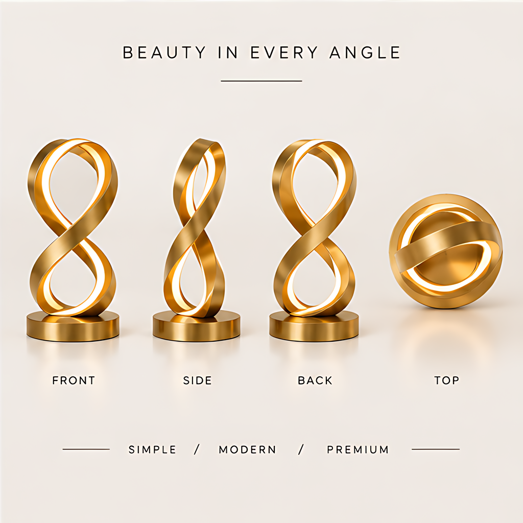 ESSENTIN Infinity LED Lamp shown from front, side, back and top angles — Beauty in Every Angle