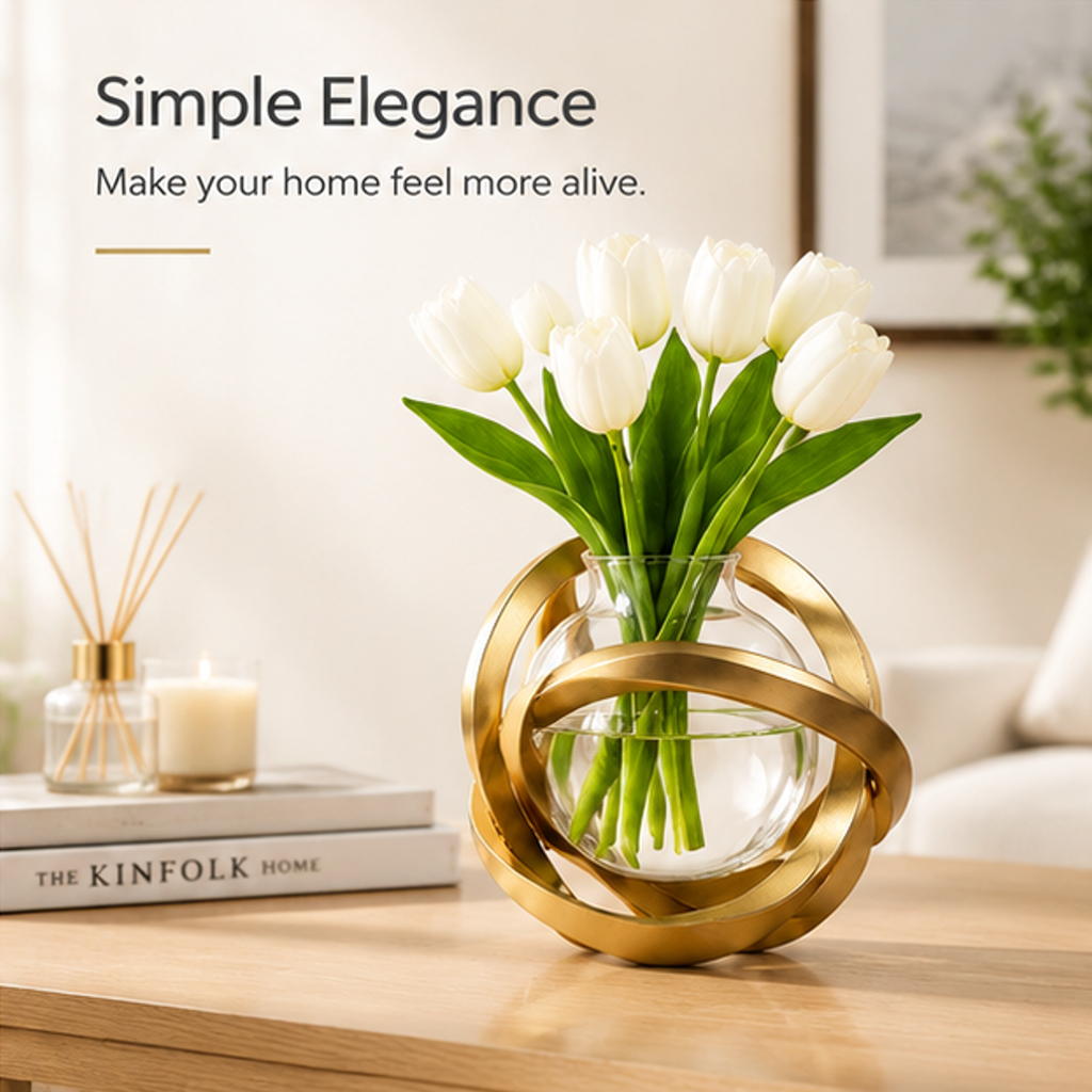 ESSENTIN Sculptural Ring Vase with white tulips — Modern Home Accent, more than a vase it's a piece of art, elevates any space