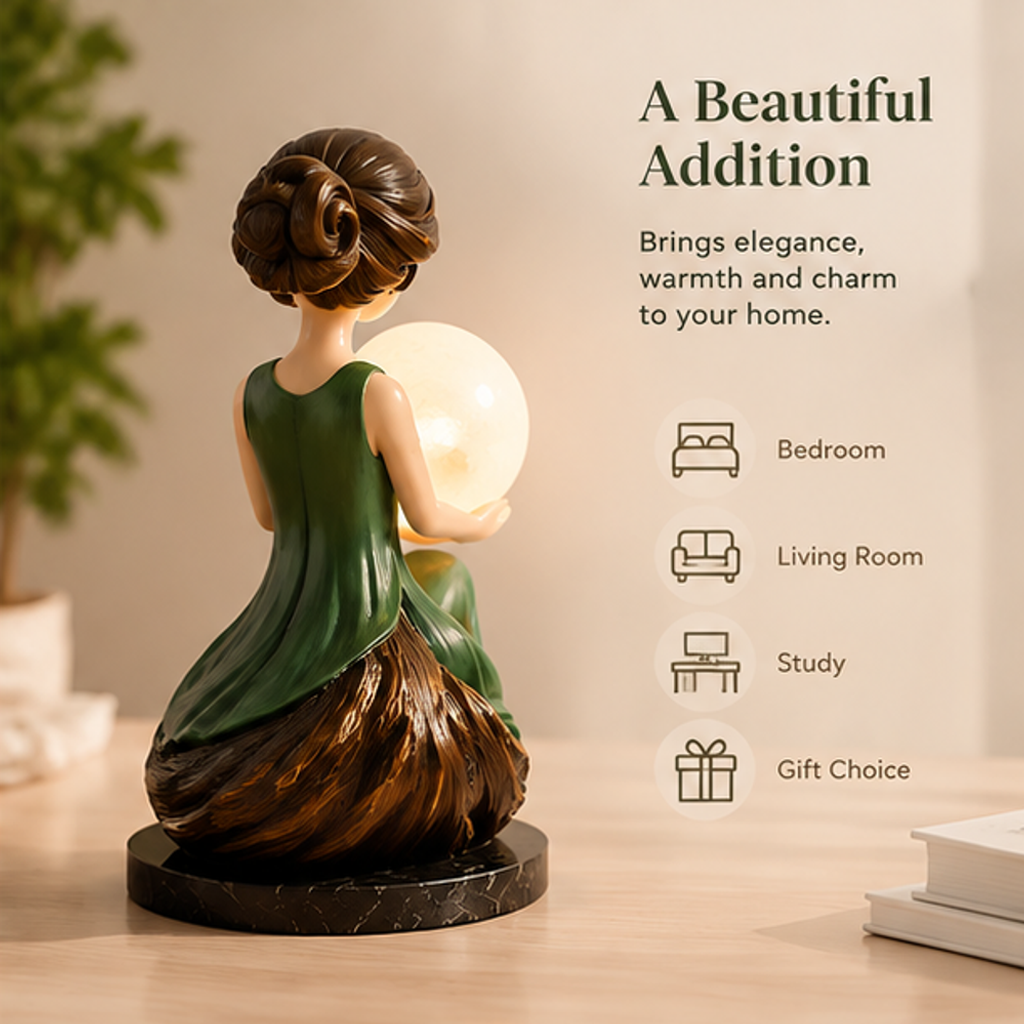 ESSENTIN Lady Figurine Lamp rear view — A Beautiful Addition, brings elegance warmth and charm, perfect for bedroom living room study and gifting