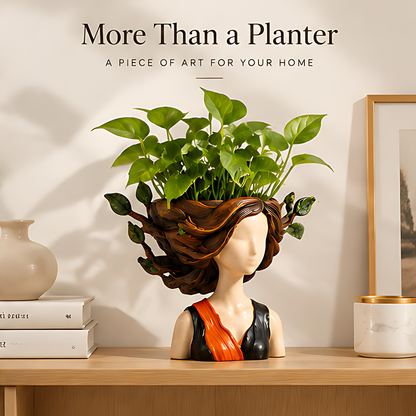 ESSENTIN Lady Head Planter — More Than a Planter, a piece of art for your home, styled on a wooden console