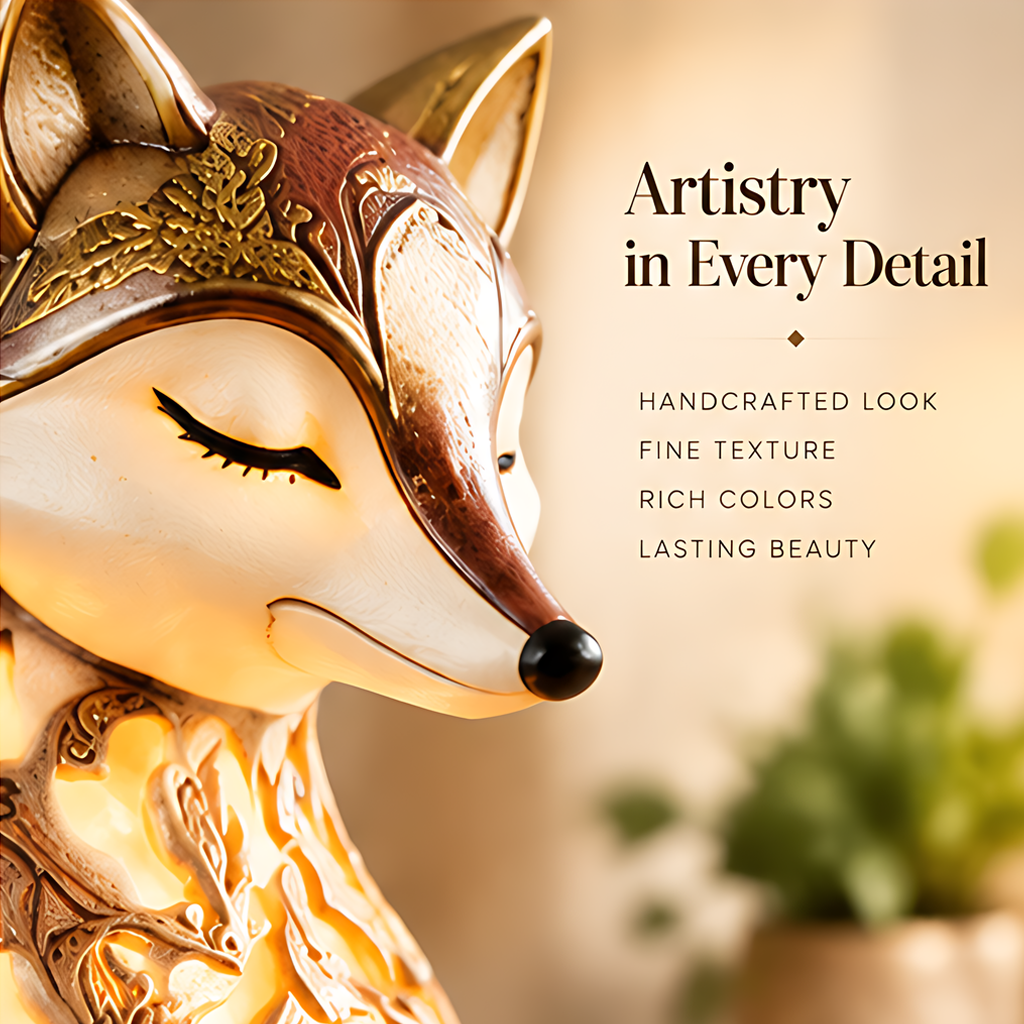 ESSENTIN Fox LED Night Light close-up — Artistry in Every Detail, handcrafted look, fine texture, rich colors, lasting beauty