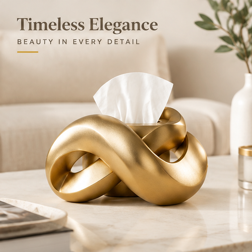 ESSENTIN Sculptural Knot Tissue Box Holder — Timeless Elegance, Beauty in Every Detail, styled on a marble table