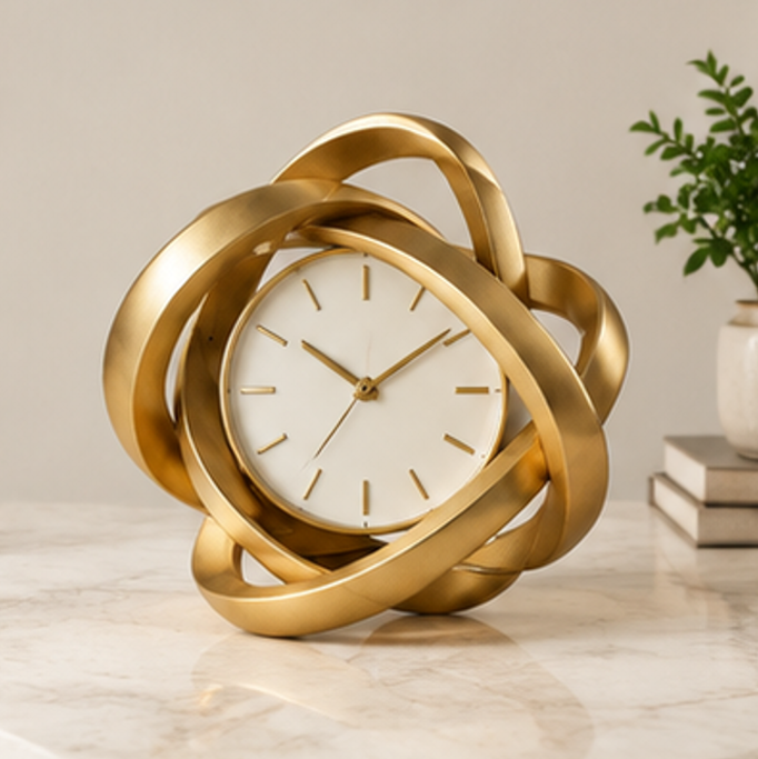 ESSENTIN Sculptural Knot Table Clock in gold on a marble surface — elegant modern home decor