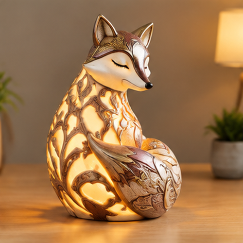 ESSENTIN Golden Fox LED Night Light glowing warm amber on a wooden surface — artistic home decor