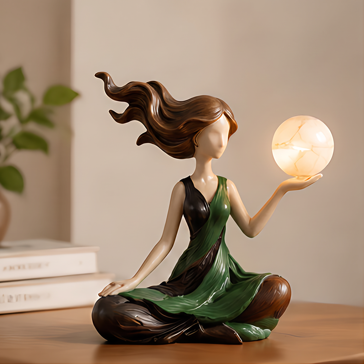 ESSENTIN Wind-Hair Lady Figurine LED Lamp glowing on a wooden surface — artistic home decor