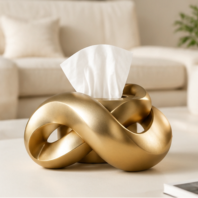 ESSENTIN Sculptural Knot Tissue Box Holder in matte gold on a coffee table in a modern living room