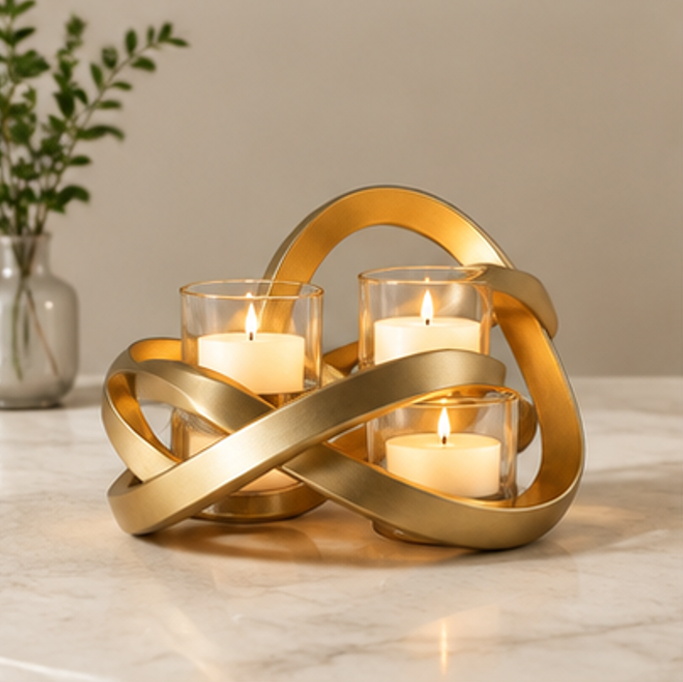 ESSENTIN Sculptural Knot Triple Tealight Candle Holder in gold with lit candles on a marble surface