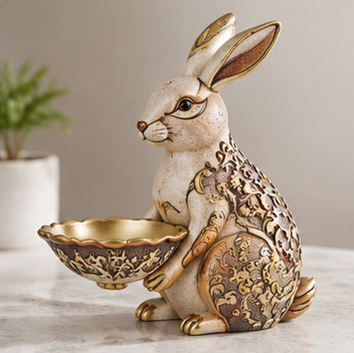 ESSENTIN Golden Rabbit Tray Figurine on marble surface — elegant home decor