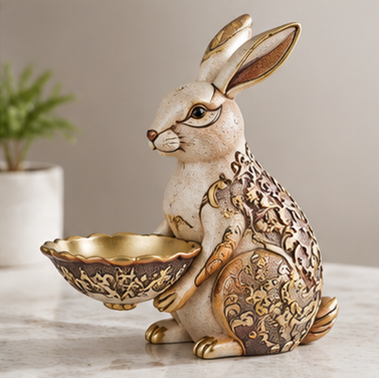ESSENTIN Golden Rabbit Tray Figurine on marble surface — elegant home decor