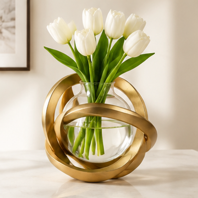 ESSENTIN Sculptural Orbiting Ring Glass Vase with white tulips on a marble surface — modern home accent