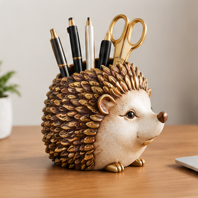 ESSENTIN Hedgehog Pen Holder on wooden desk holding pens and scissors — charming desk organizer