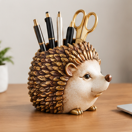 ESSENTIN Hedgehog Pen Holder on wooden desk holding pens and scissors — charming desk organizer