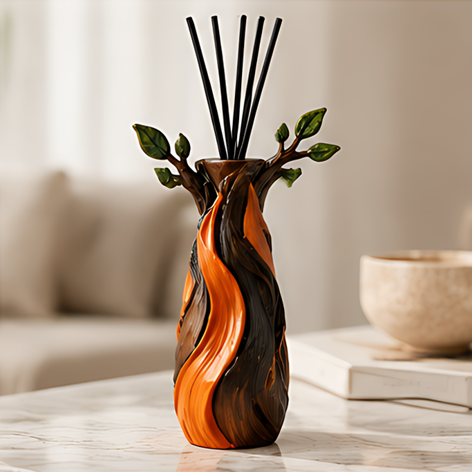ESSENTIN Nature Flame Ceramic Reed Diffuser Bottle on marble surface — artistic home decor